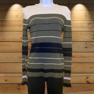 Striped Ribbed Crewneck Pullover Sweater Olive